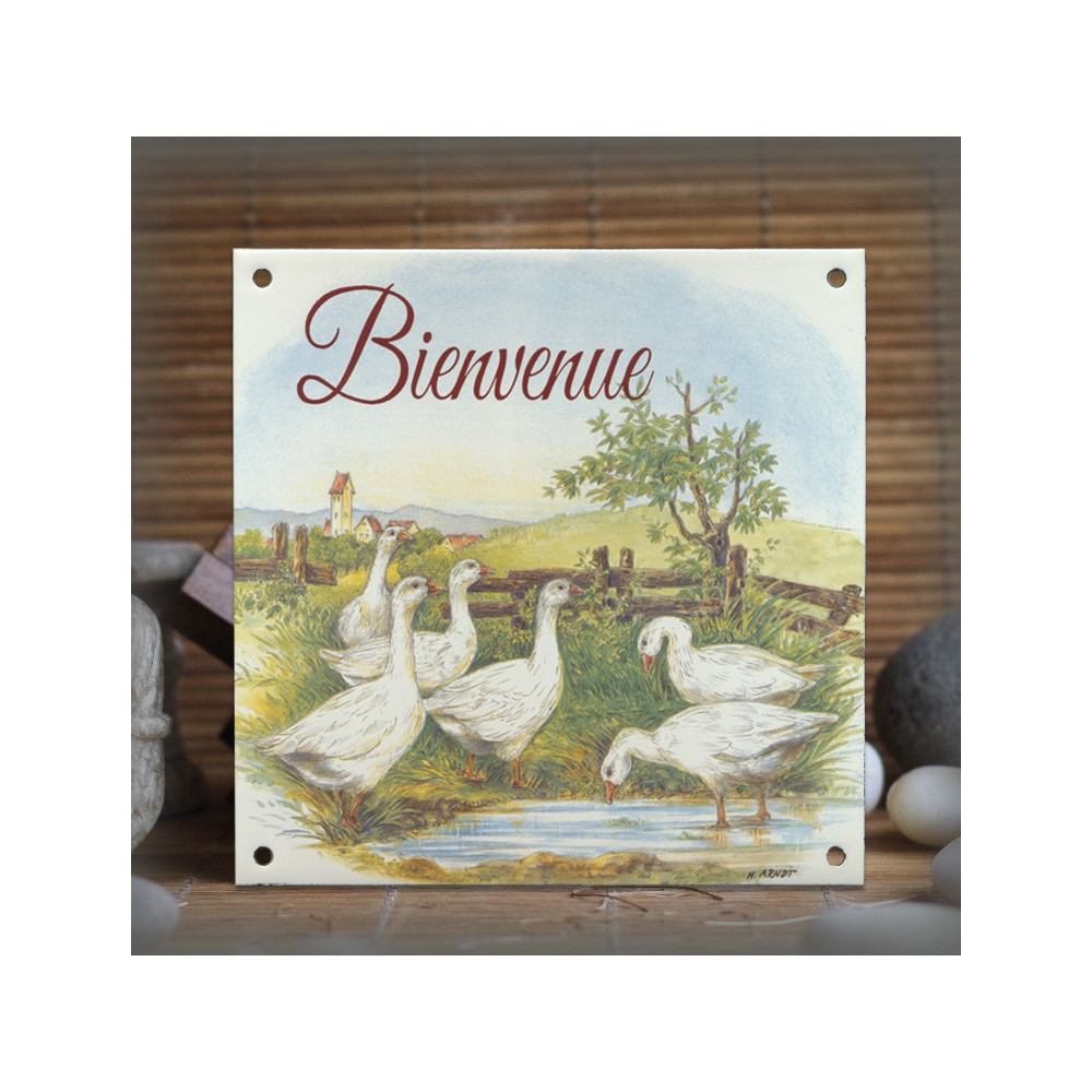 Plaque maison émaillée Bienvenue décor oies