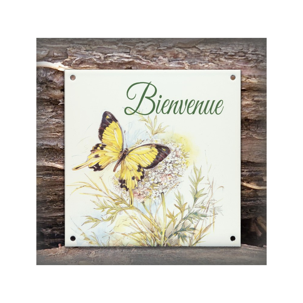Plaque maison émaillée Bienvenue décor Papillon Jaune