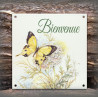Plaque maison émaillée Bienvenue décor Papillon Jaune