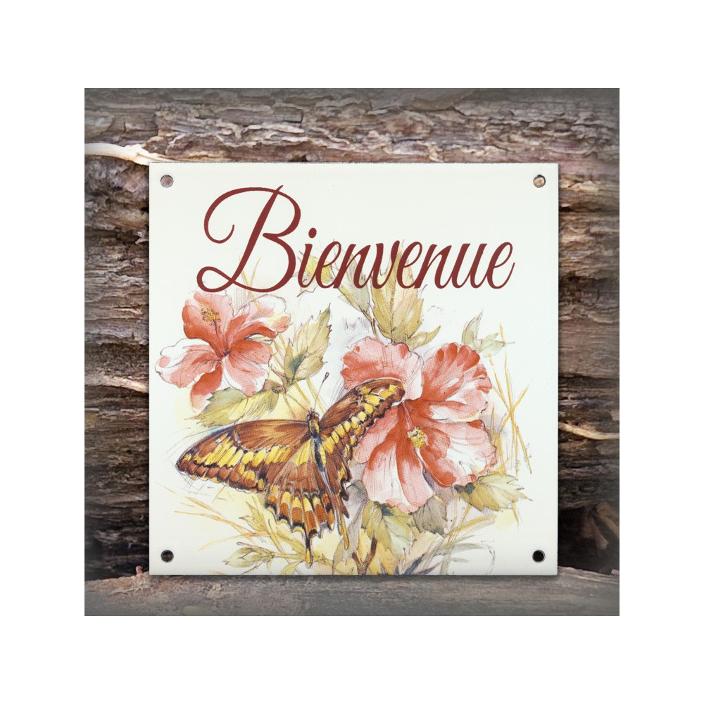 Plaque maison émaillée Bienvenue décor Papillon des merveilles