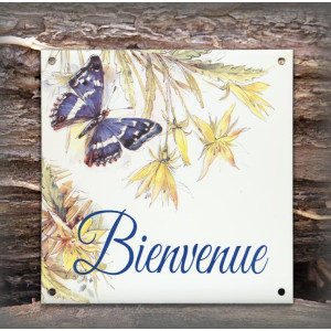 Plaque maison émaillée Bienvenue décor Papillon bleu