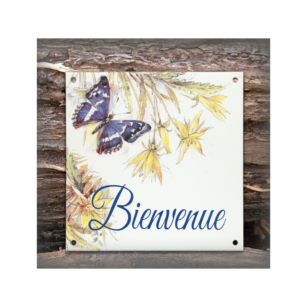 Plaque maison émaillée Bienvenue décor Papillon bleu