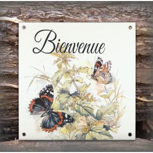 Plaque maison émaillée Bienvenue décor Papillon noir