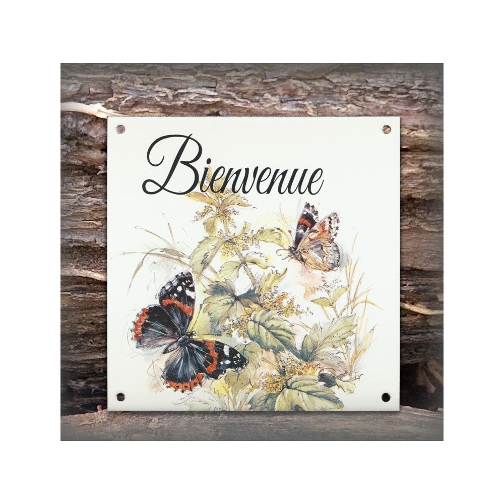 Plaque maison émaillée Bienvenue décor Papillon noir