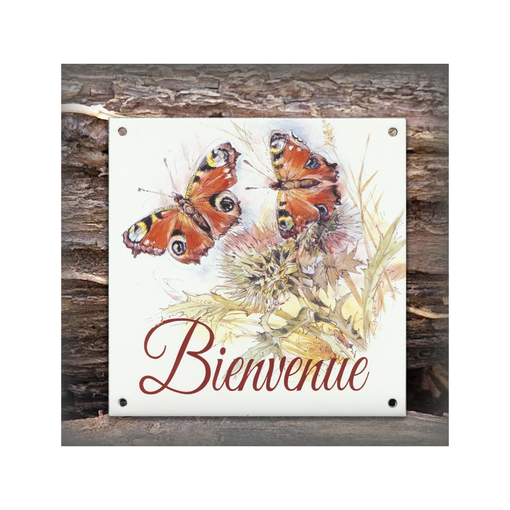 Plaque maison émaillée Bienvenue décor Papillons rouges