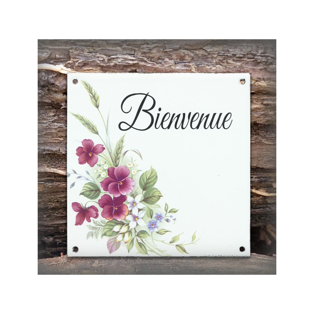Plaque maison émaillée Bienvenue décor Violettes