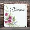Plaque maison émaillée Bienvenue décor Violettes