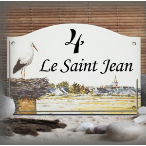 Home sign enamelled stork decor 5,2x8in