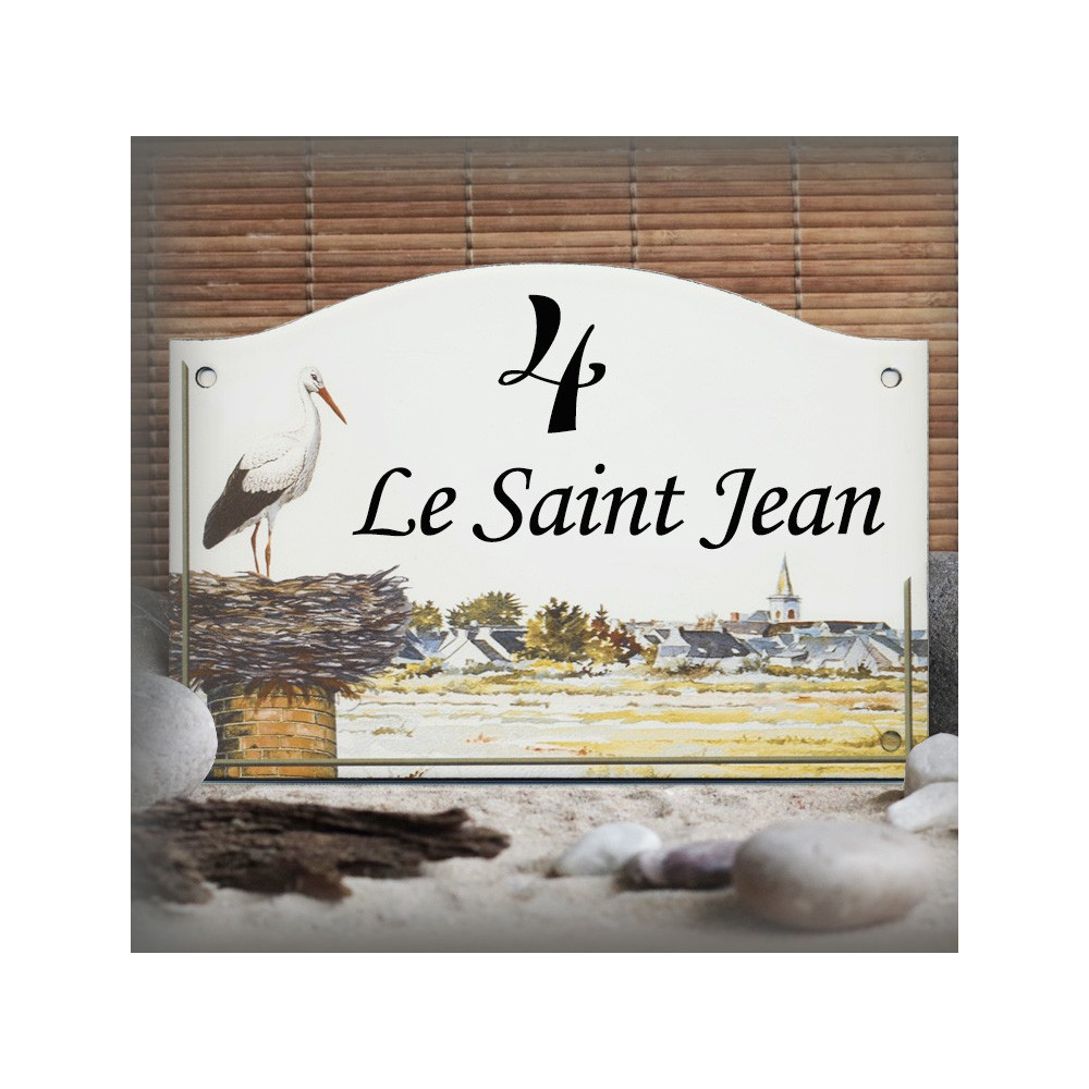 Home sign enamelled stork decor 5,2x8in