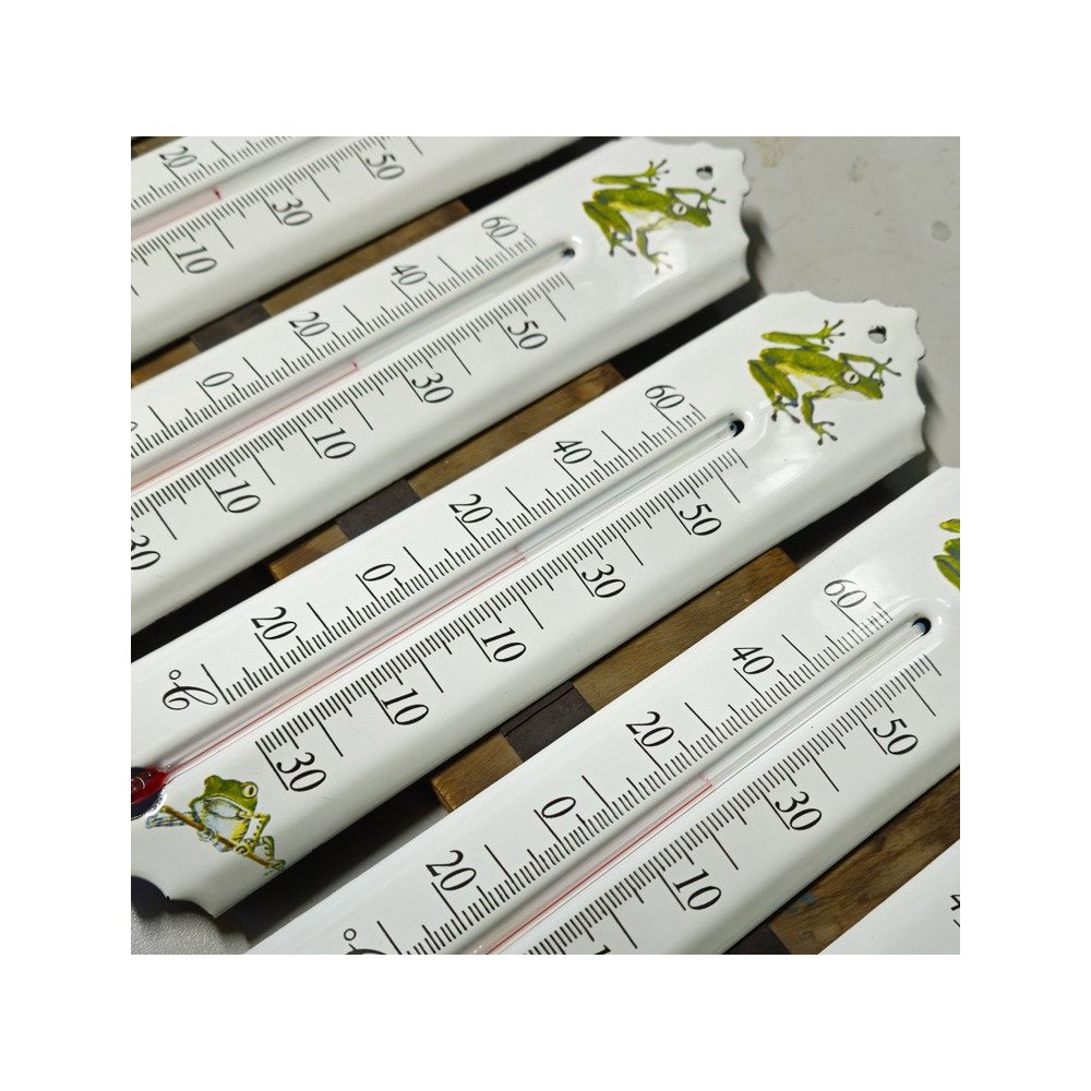Thermomètre émail blanc 24cm décor Grenouille en fabrication