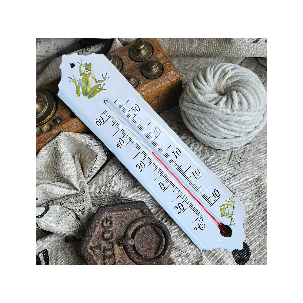 Thermomètre émail blanc 24cm décor Grenouille