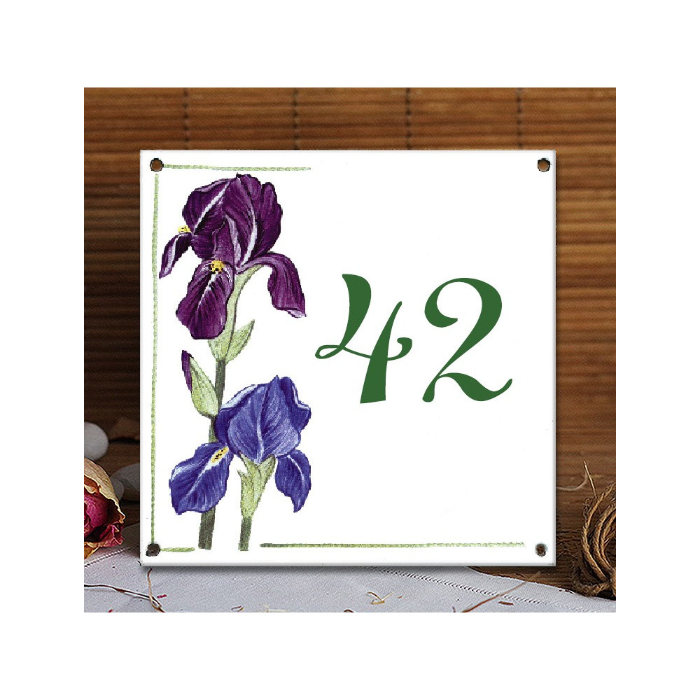 Numéro de rue émaillé décor Iris 15x15cm