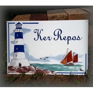 Grande Plaque de Maison décor Phare en émail avec votre texte personnalisé