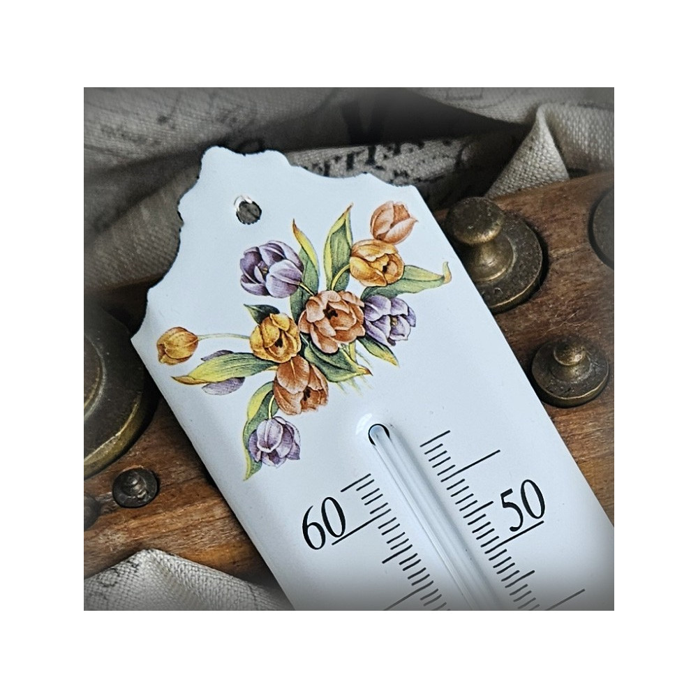 La poésie du printemps dans votre demeure : thermomètre émaillé décor Tulipes, éclat et précision garantis à vie.