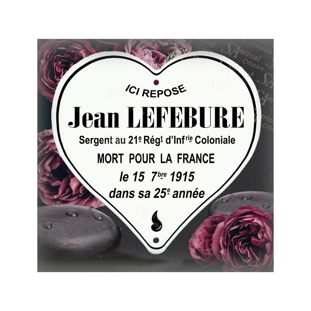 Reproduction d'un cœur funéraire pour militaire avec texte long (plus de 50 lettres) et calligraphie personnalisée.