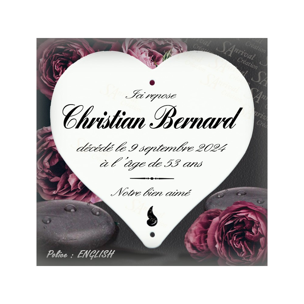 Customized white enameled heart funeral plaque without border – English calligraphic font.