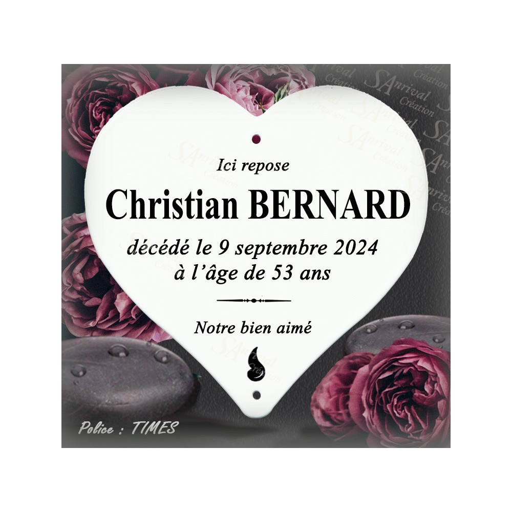 Customized white enameled heart funeral plaque without border – Classic Times New Roman font.