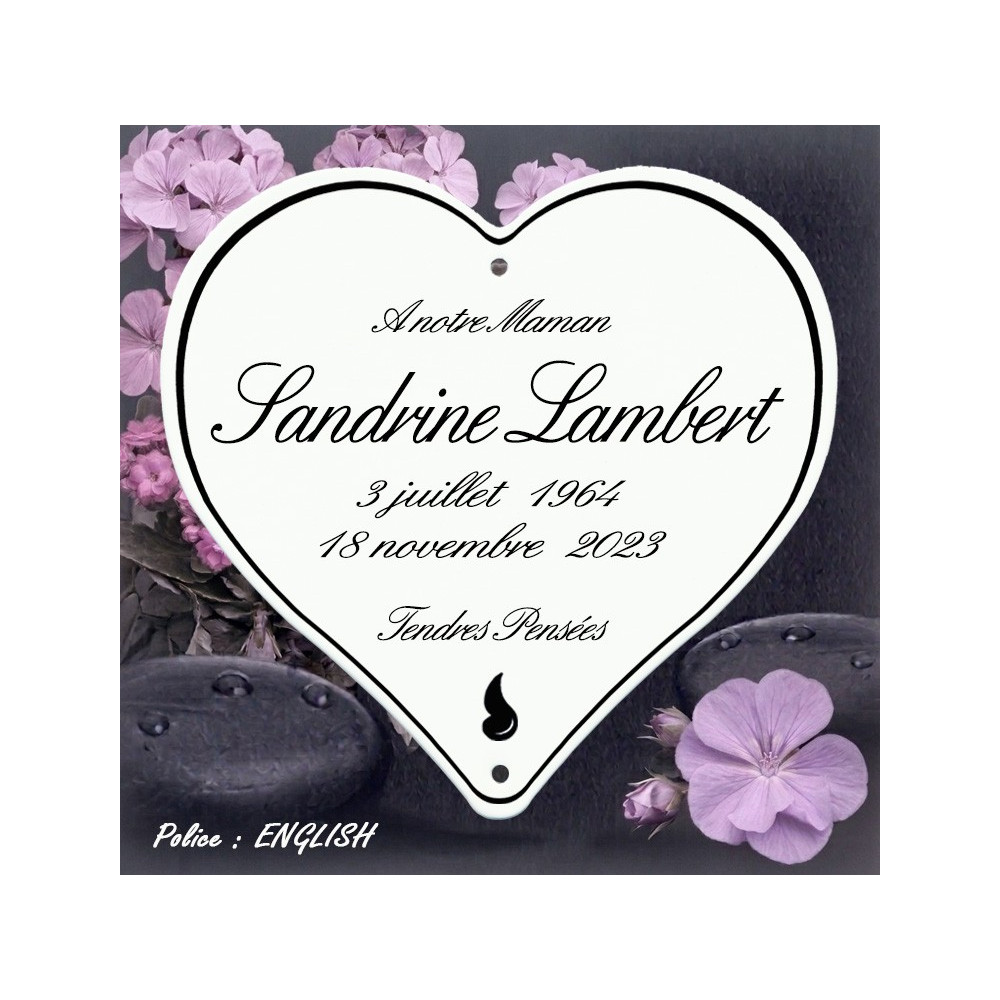 Fabrication artisanale d'un Coeur funeraire en email blanc personnalisé police english