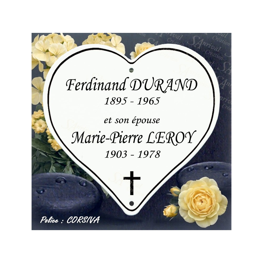 Coeur funéraire avec croix chrétienne et 5 lignes de personnalisation police Corsiva
