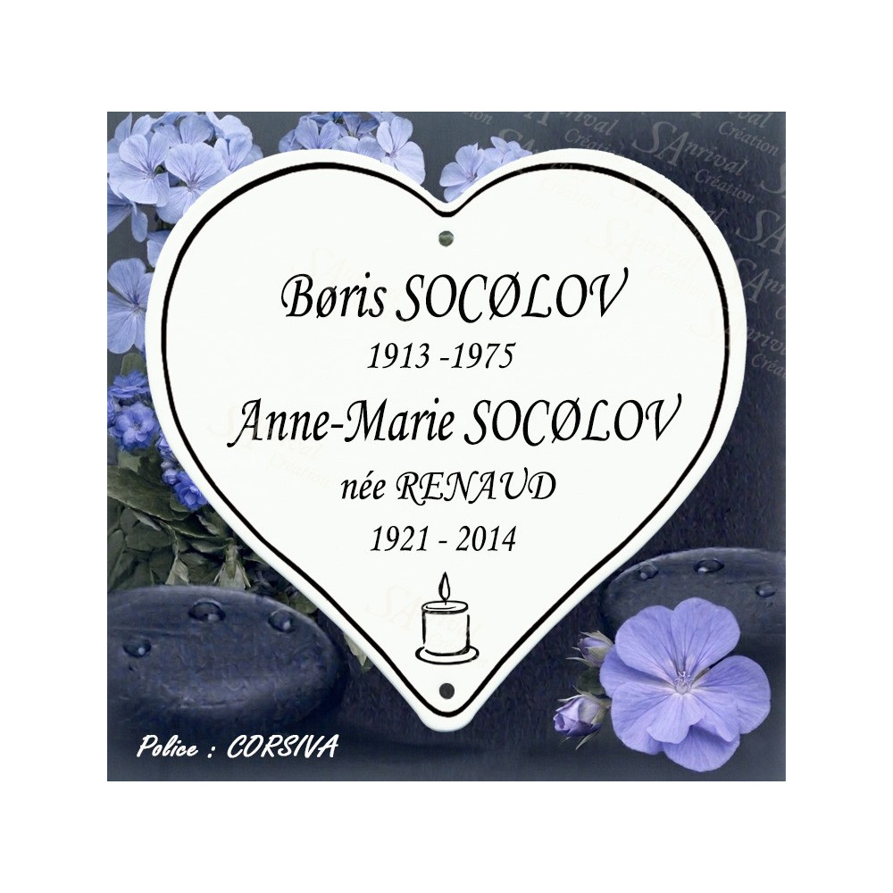 Coeur funéraire émaillé blanc avec personnalisation artisanale police Corsiva