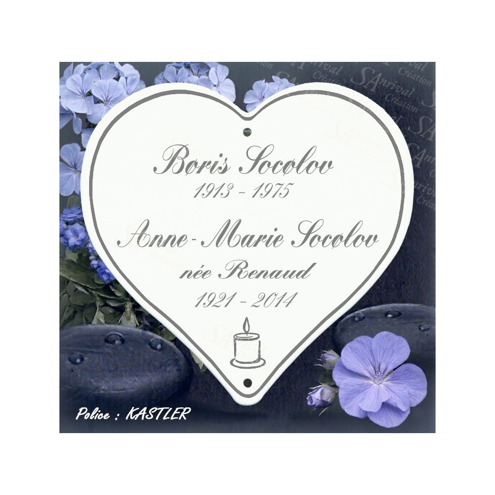 Coeur funéraire émaillé blanc avec personnalisation artisanale police Kastler