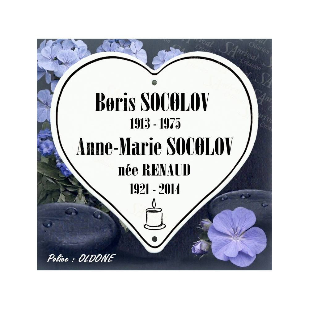 Coeur funéraire émaillé blanc avec personnalisation artisanale police Oldone
