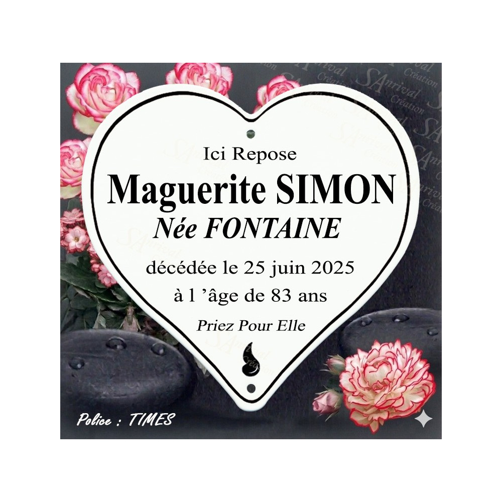 White enameled funeral heart with 6-line customization – Times font + a drawn tear.