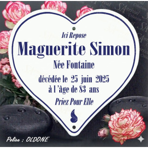 White enameled funeral heart with 6-line customization – Oldone font + a drawn tear.