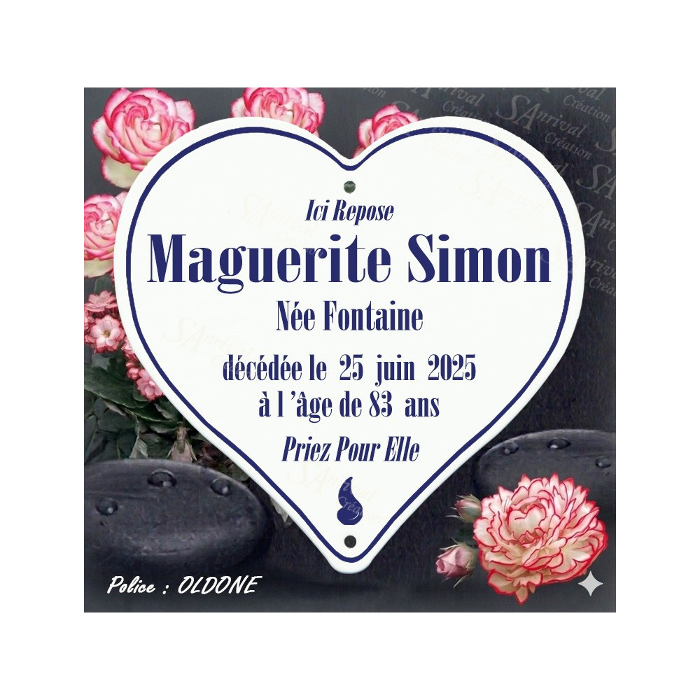 White enameled funeral heart with 6-line customization – Oldone font + a drawn tear.