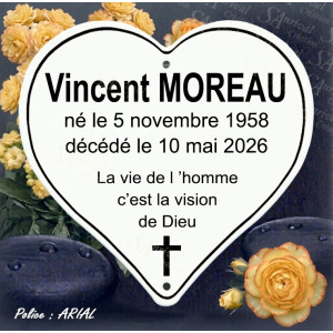 White enameled heart, handcrafted manufacturing, customization – Arial font.