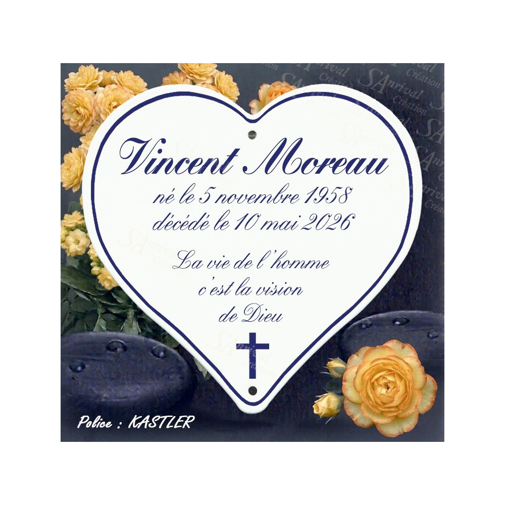 White enameled heart, handcrafted manufacturing, customization – Kastler font.