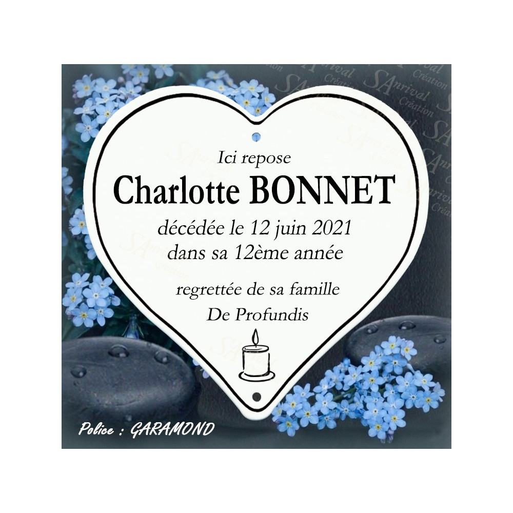 coeur mortuaire en email veritable personnalisation texte Garamond