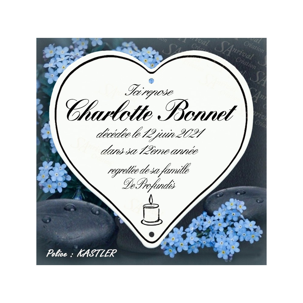 Genuine enameled funeral heart, text customization – Kastler font.