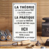 Grande plaque décorative en acier émaillé avec texte humoristique sur la théorie, la pratique et le chaos en atelier.