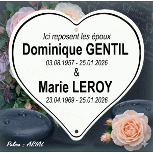 Customized white enamel funeral heart with 6 lines of text in Airal font