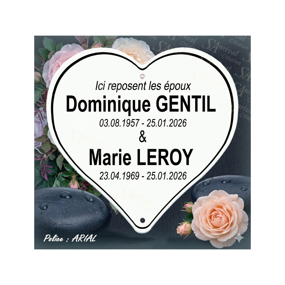 Customized white enamel funeral heart with 6 lines of text in Airal font