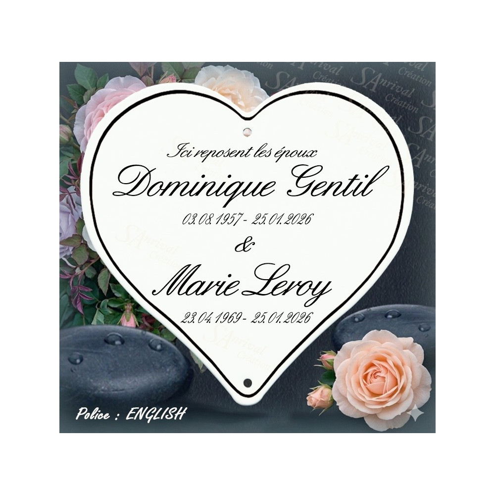 Customized white enamel funeral heart with 6 lines of text in English font