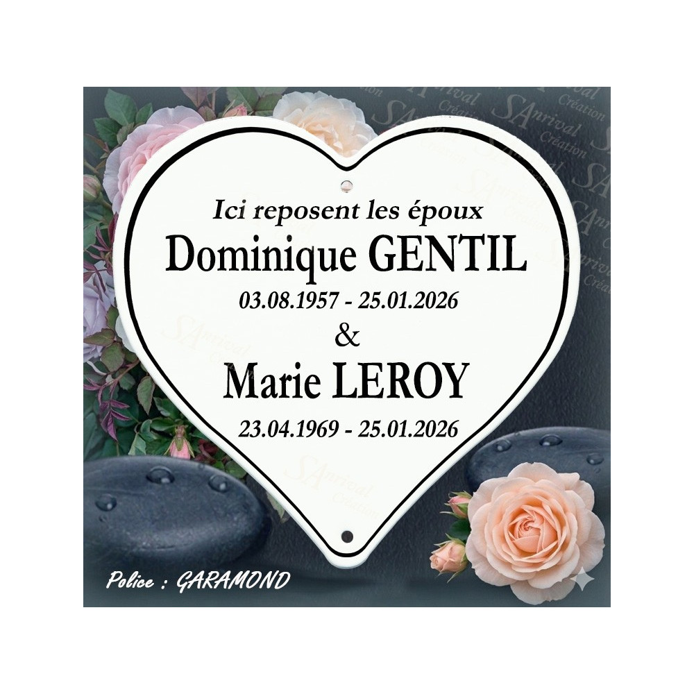 Customized white enamel funeral heart with 6 lines of text in Garamond font