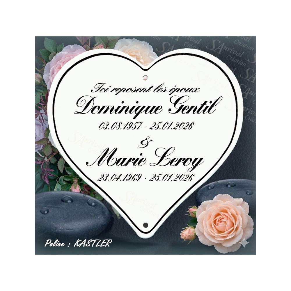 Customized white enamel funeral heart with 6 lines of text in Kastler font