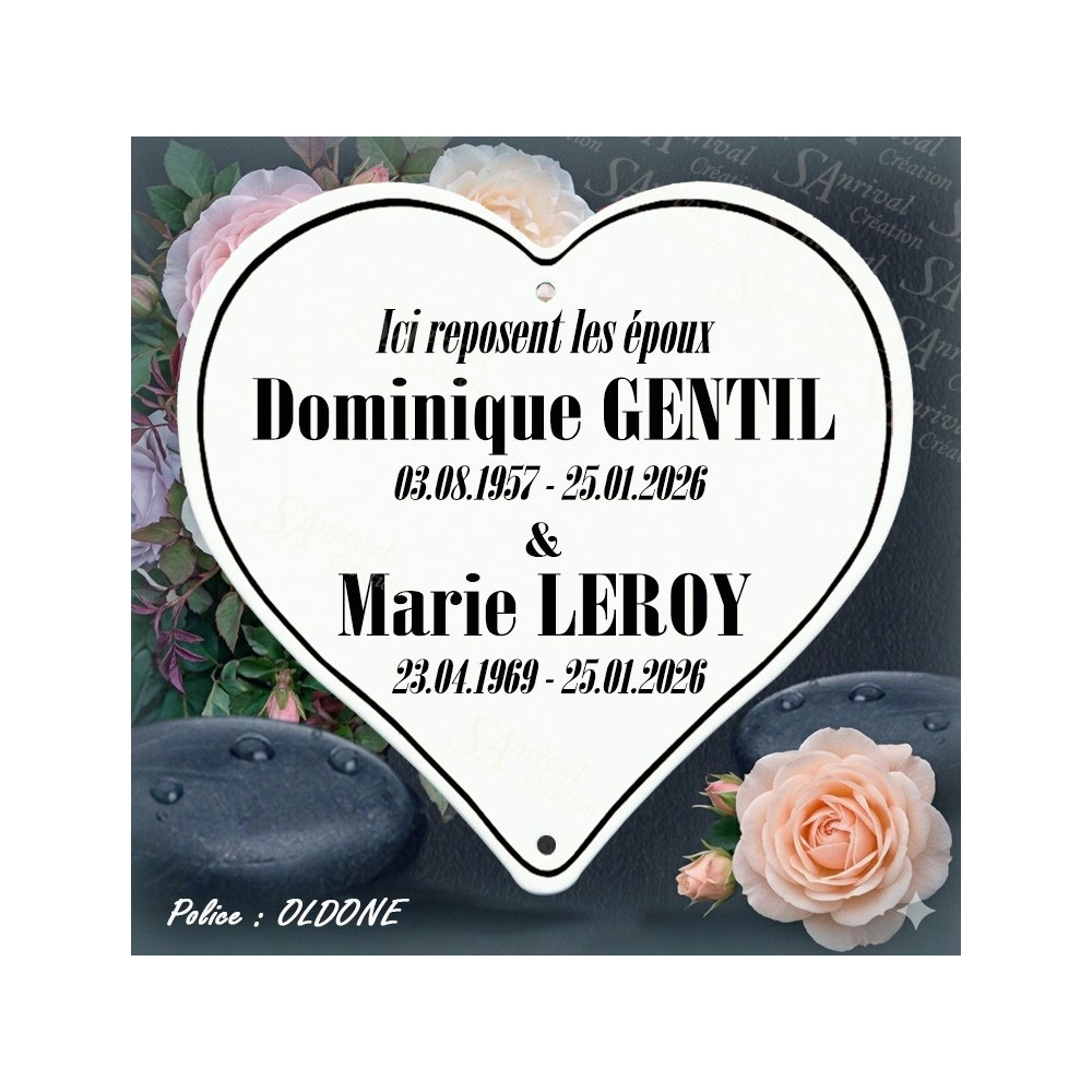 Customized white enamel funeral heart with 6 lines of text in Oldone font