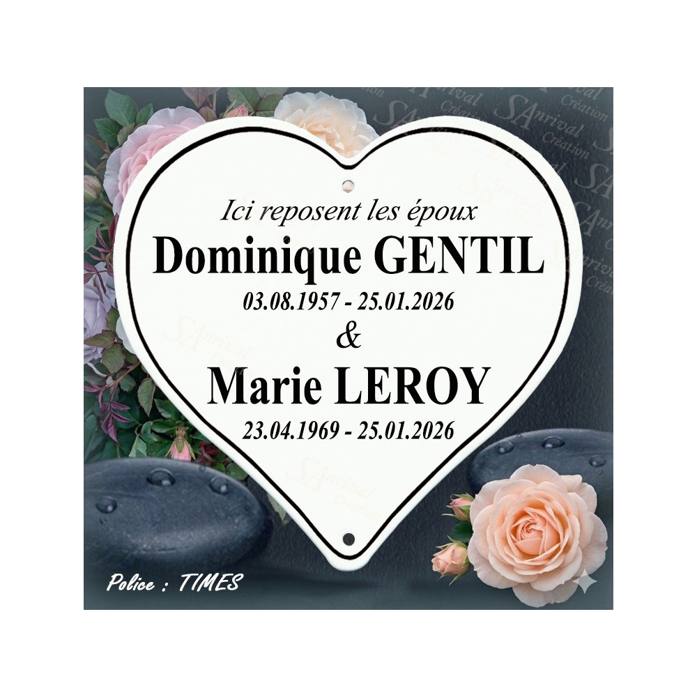 Customized white enamel funeral heart with 6 lines of text in Times font