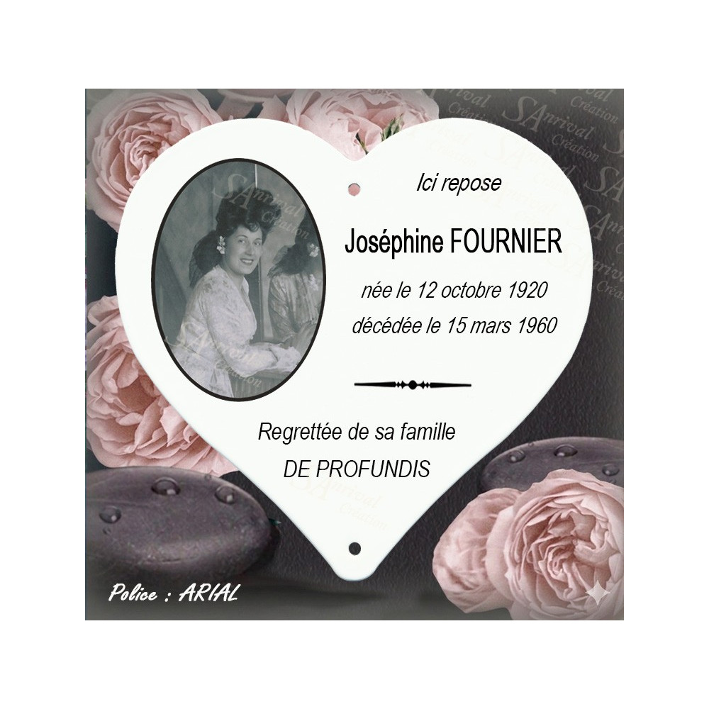 Customized enameled funeral heart with large photo + 6 lines in ARIAL font