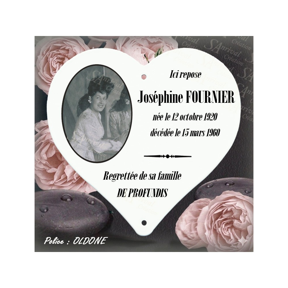 Customized enameled funeral heart with large photo + 6 lines in OLDONE font