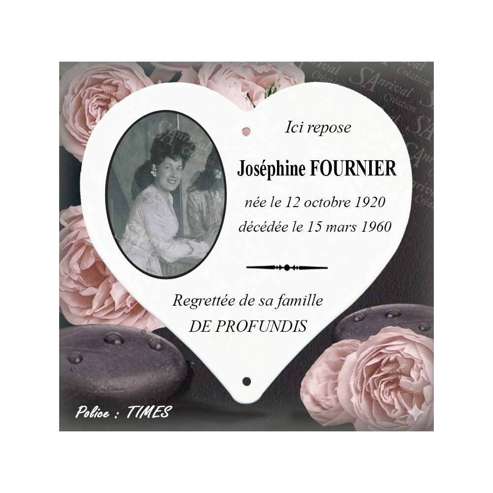 Cœur funéraire personnalisé émaillé avec grande photo + 6 lignes police TIMES