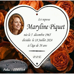 Coeur funéraire en émail blanc avec petite photo ovale et texte en caractères corsiva