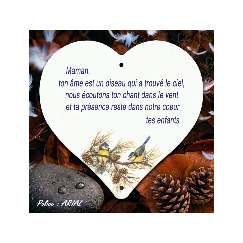 coeur commemoratif émaillé blanc decor mesanges bleues police arial