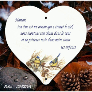coeur commemoratif émaillé blanc decor mesanges bleues police corsiva