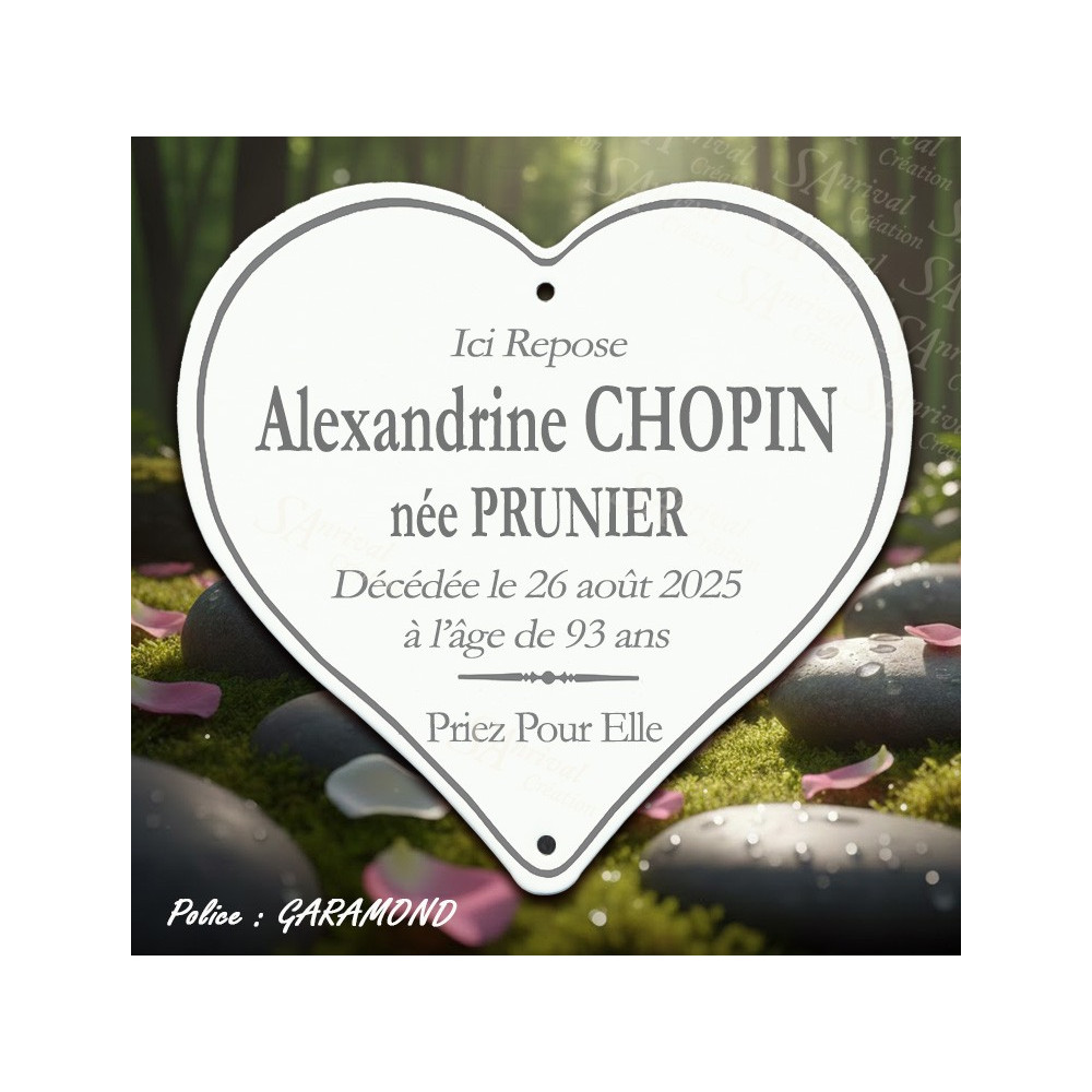 Coeur de mémoire émaillé + 6 lignes de personnalisation et trait avec caractères garamond