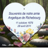 Coeur mémoratif émaillé avec décor fleur + 4 lignes personnalisables caractères arial