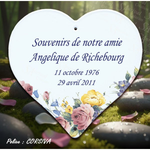 Coeur mémoratif émaillé avec décor fleur + 4 lignes personnalisables caractères corsiva